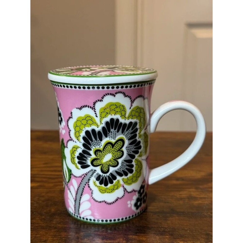 Vera Bradley Priscilla Pink Floral Porcelain Mug w/ Lid Retired Coffee Tea Cup